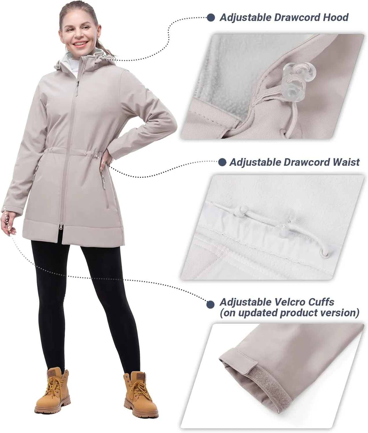 Outdoor Ventures Women's Softshell Jacket with Removable Hood Fleece Lined Windbreaker Insulated Long Warm Rain Jacket