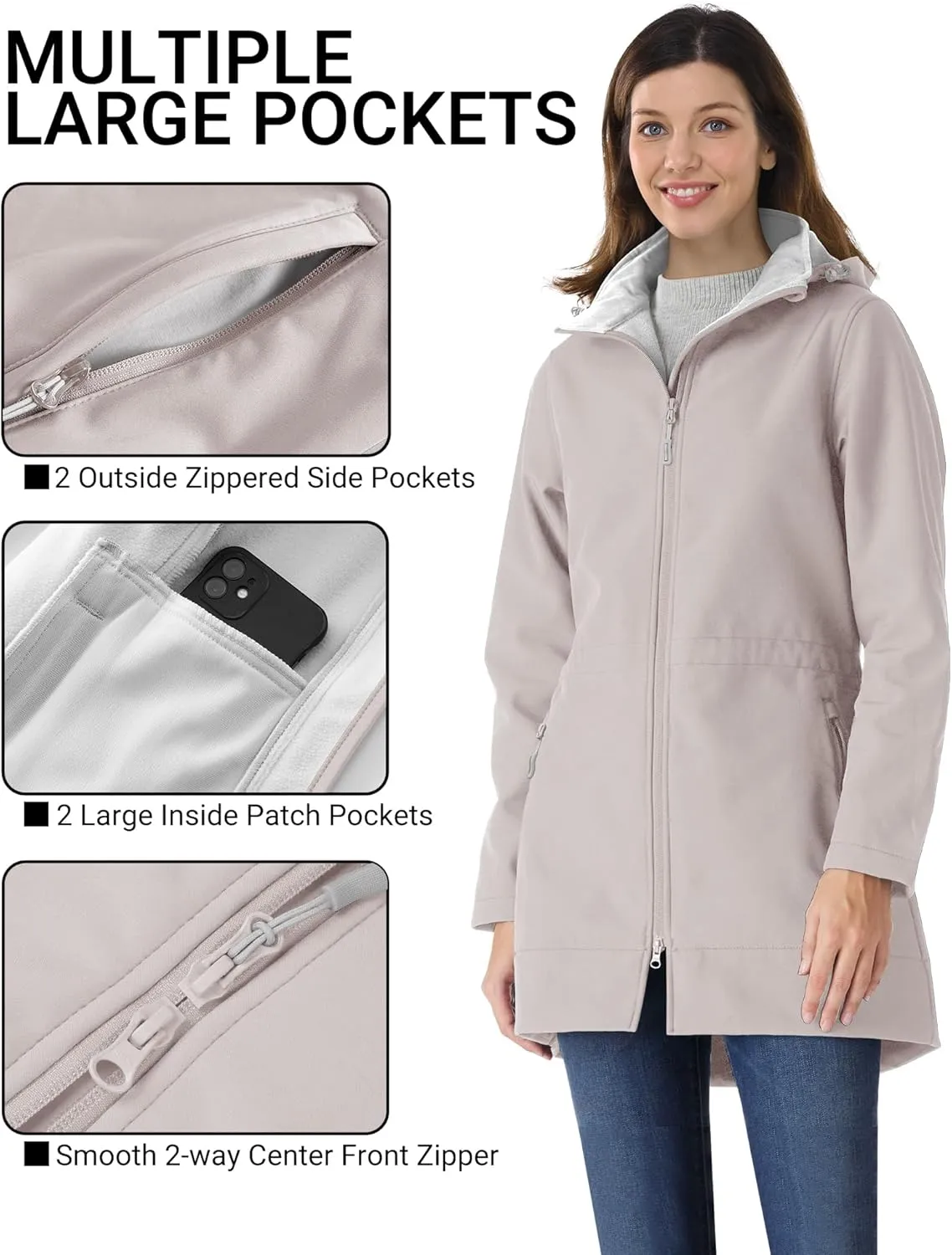 Outdoor Ventures Women's Softshell Jacket with Removable Hood Fleece Lined Windbreaker Insulated Long Warm Rain Jacket