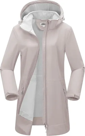 Outdoor Ventures Women's Softshell Jacket with Removable Hood Fleece Lined Windbreaker Insulated Long Warm Rain Jacket