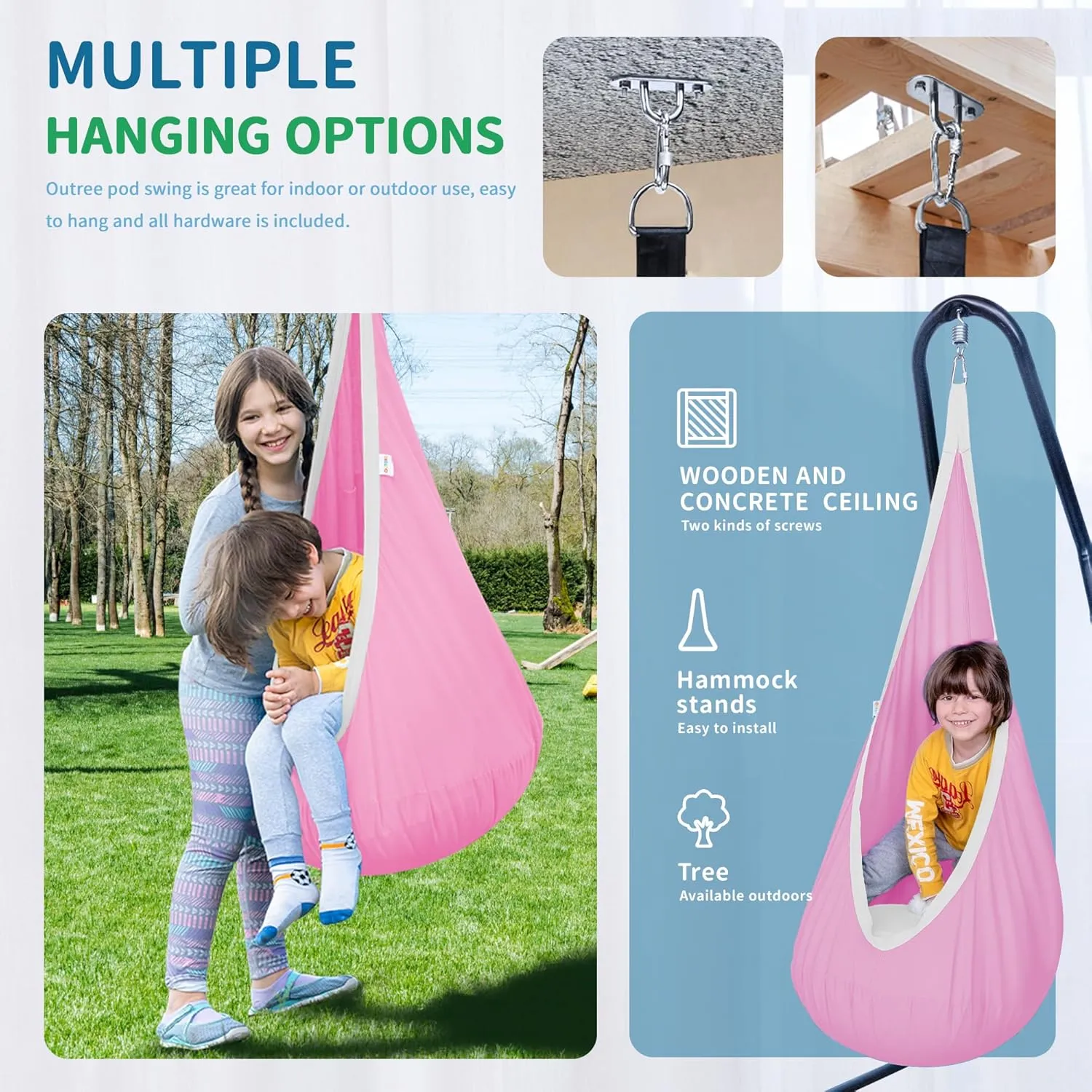 OUTREE Kids Pod Swing Seat, Cotton Child Hammock Swing Chair,Sensory Swing for Indoor and Outdoor Use, Pink