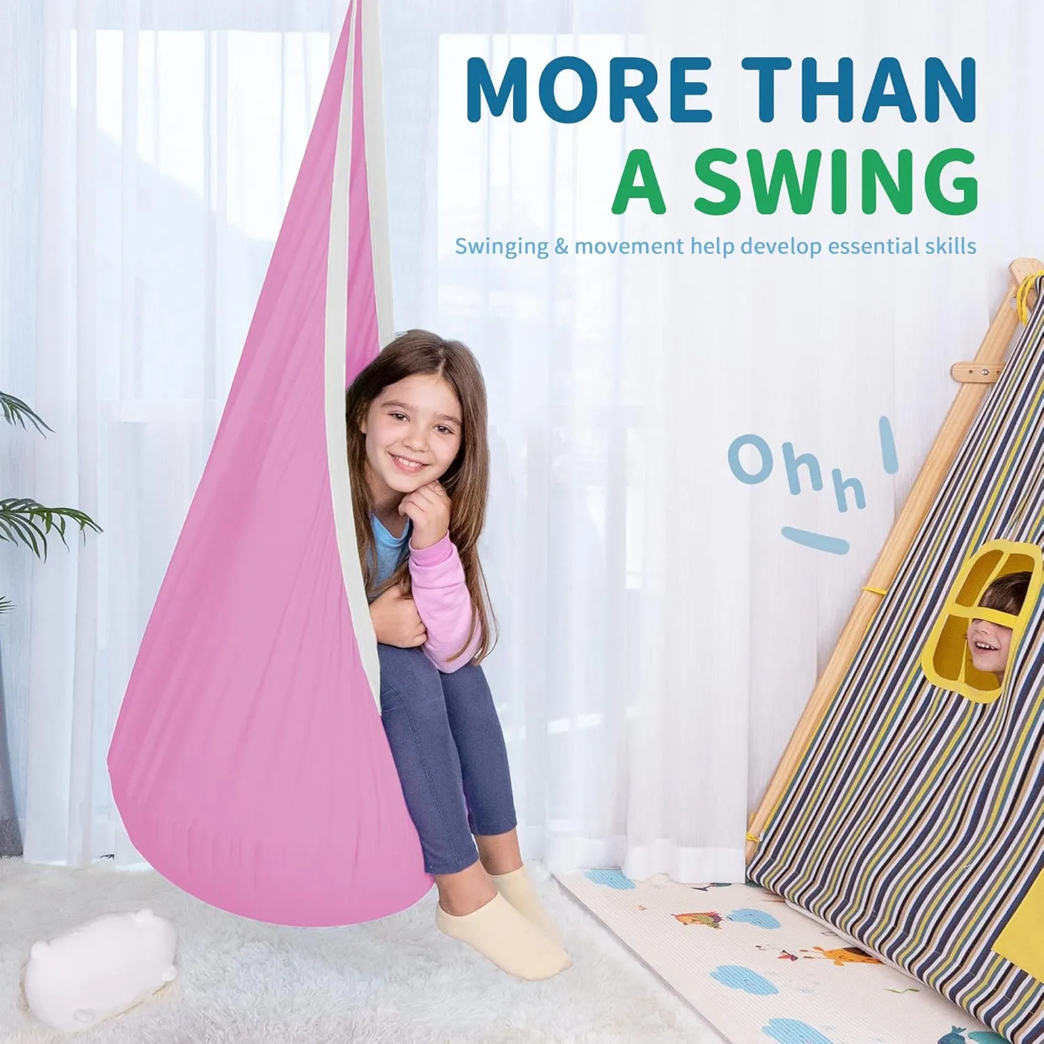 OUTREE Kids Pod Swing Seat, Cotton Child Hammock Swing Chair,Sensory Swing for Indoor and Outdoor Use, Pink