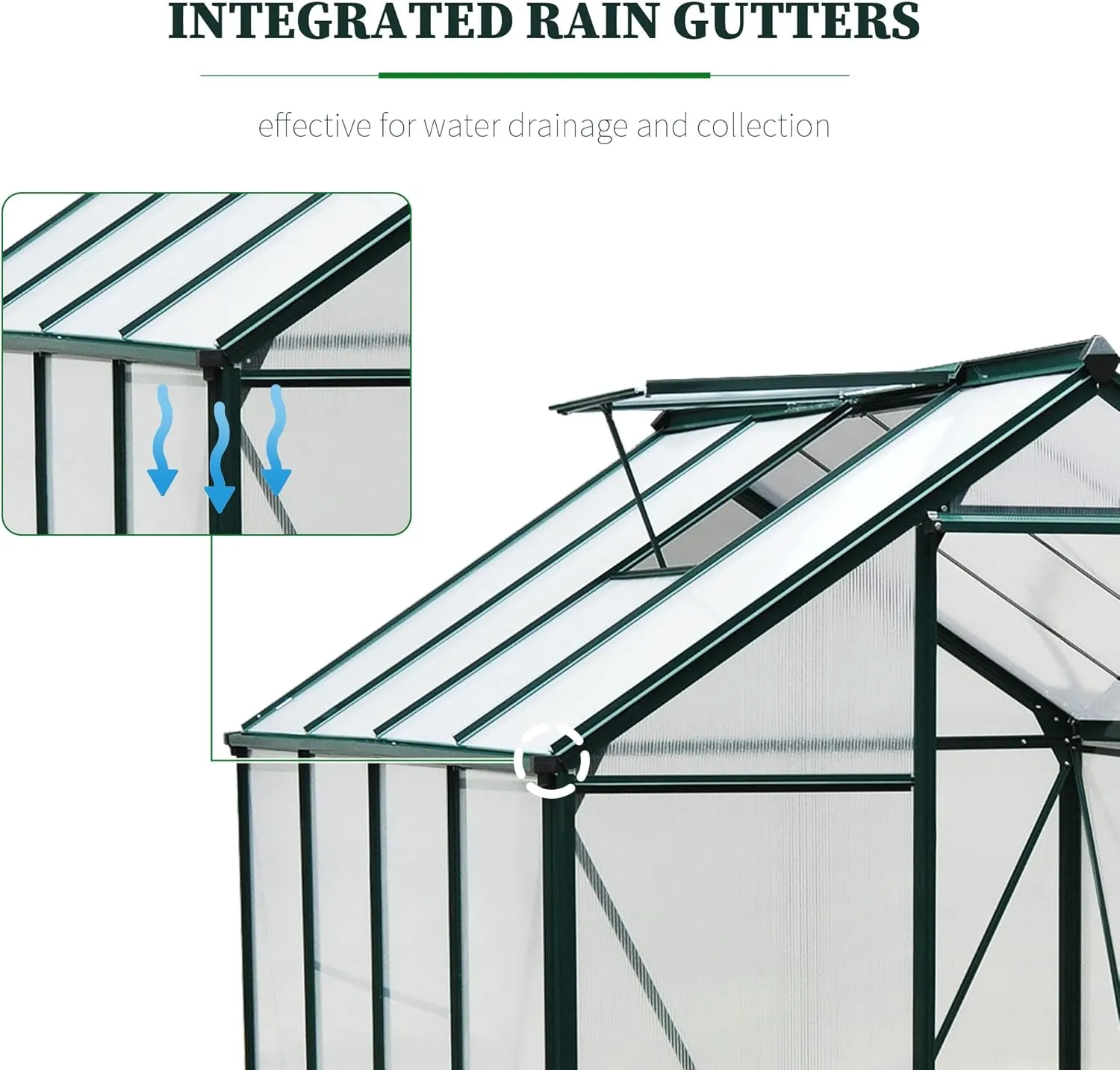 Outsunny 6' x 8' Greenhouse for Outdoors, Polycarbonate Greenhouse with Rain Gutter and Roof Vent, Aluminum Walk-in Green Houses for Outside for Patio Backyard Garden, Dark Green
