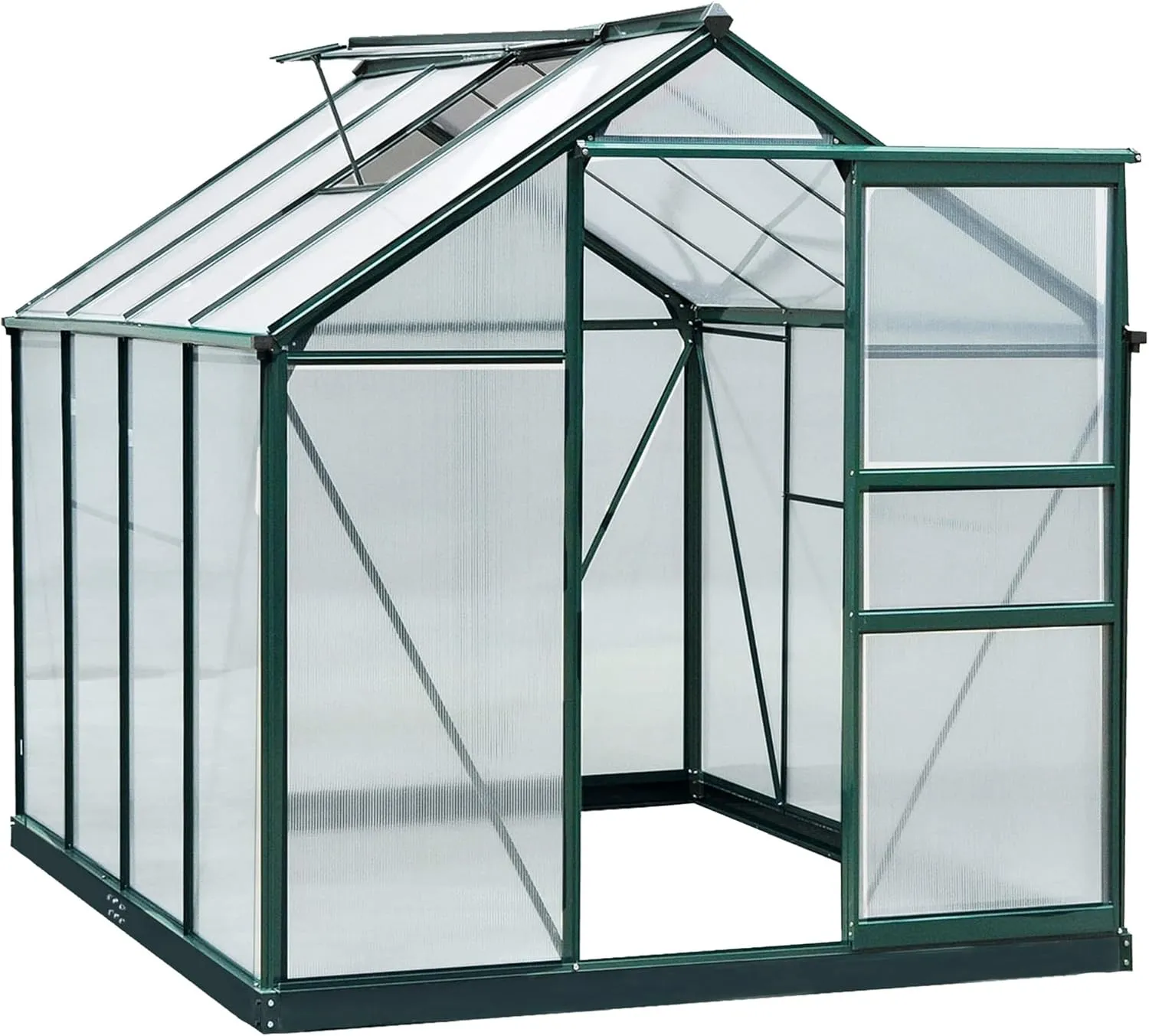 Outsunny 6' x 8' Greenhouse for Outdoors, Polycarbonate Greenhouse with Rain Gutter and Roof Vent, Aluminum Walk-in Green Houses for Outside for Patio Backyard Garden, Dark Green