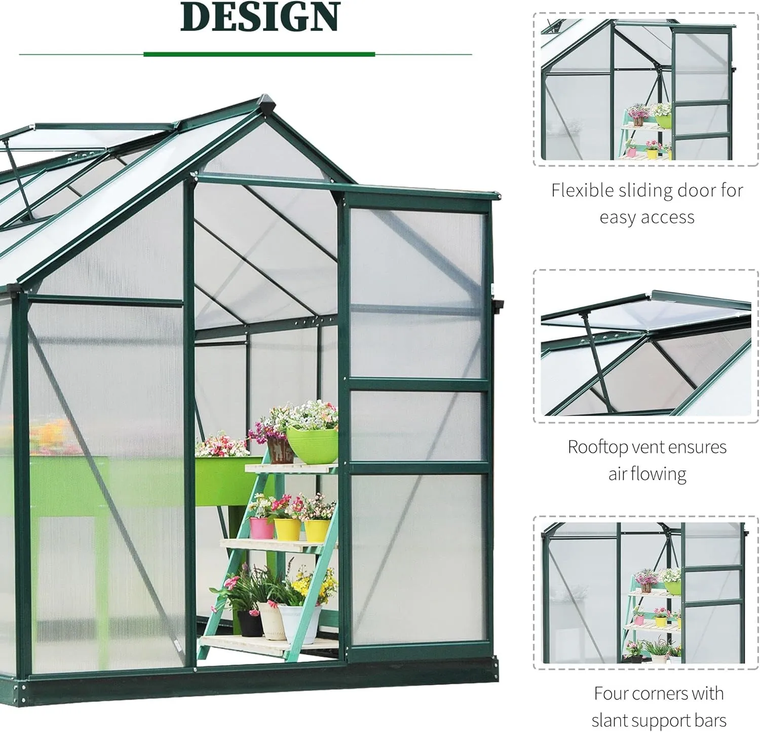 Outsunny 6' x 8' Greenhouse for Outdoors, Polycarbonate Greenhouse with Rain Gutter and Roof Vent, Aluminum Walk-in Green Houses for Outside for Patio Backyard Garden, Dark Green