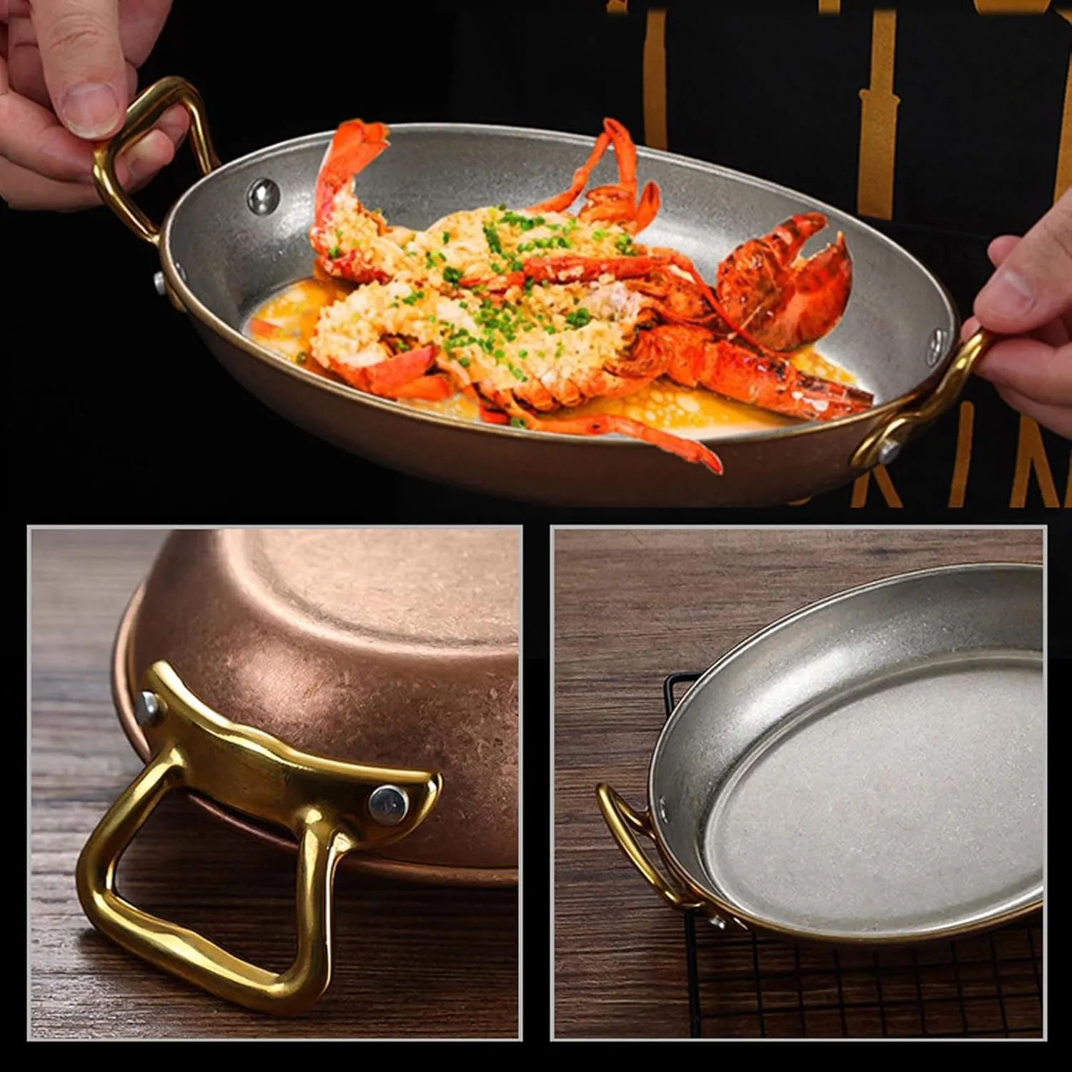 Oval Spanish Paella Pan, Nonstick Stainless Steel Skillet, Riveted Handles, Dishwasher-Safe, Paella Cookware for Homes or Restaurants,Retro Silver