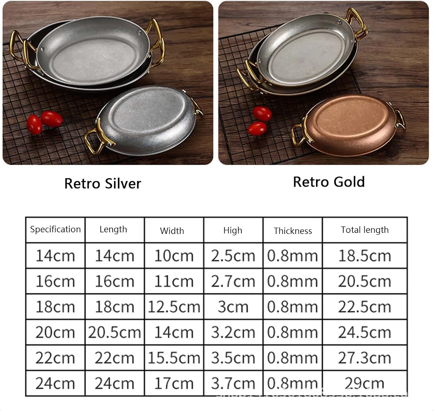 Oval Spanish Paella Pan, Nonstick Stainless Steel Skillet, Riveted Handles, Dishwasher-Safe, Paella Cookware for Homes or Restaurants,Retro Silver