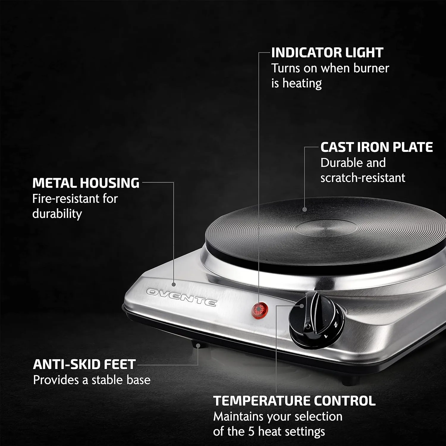 OVENTE Electric Countertop Single Burner, 1000W Cooktop with 7.25 Inch Cast Iron Hot Plate, 5 Level Temperature Control, Compact Cooking Stove and Easy to Clean Stainless Steel Base, Silver BGS101S