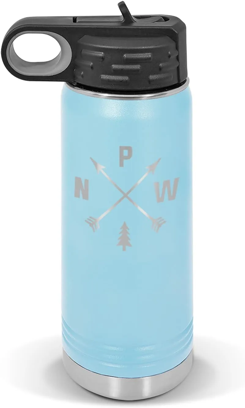 Pacific Northwest PNW Water Bottle 20 oz - Laser Engraved w/Flip Top Removable Straw - Polar Camel - Stainless - Vacuum Insulated - Drinkware - Hiking Camp Hike Camping Explore Wild