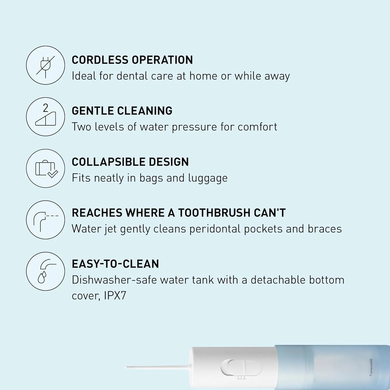 Panasonic Water Flosser for Travel, Cordless Portable Oral Irrigator with Two Water Pressure Settings, Collapsible Water Tank - EW-DJ11​-A