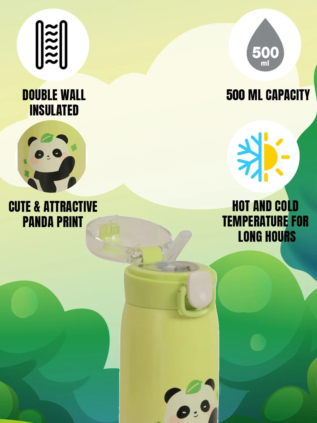 Panda-Themed Boys' Insulated Hot & Cold Stainless Steel Sipper Bottle- 500 ML