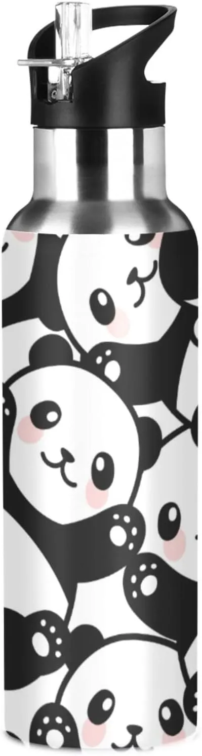 Panda Water Bottle with Straw Lid Leakproof Kids Insulated Panda Stainless Steel Water Flask Cute Animal Print Thermos Bottle for Sports Gym Outdoor 20 oz
