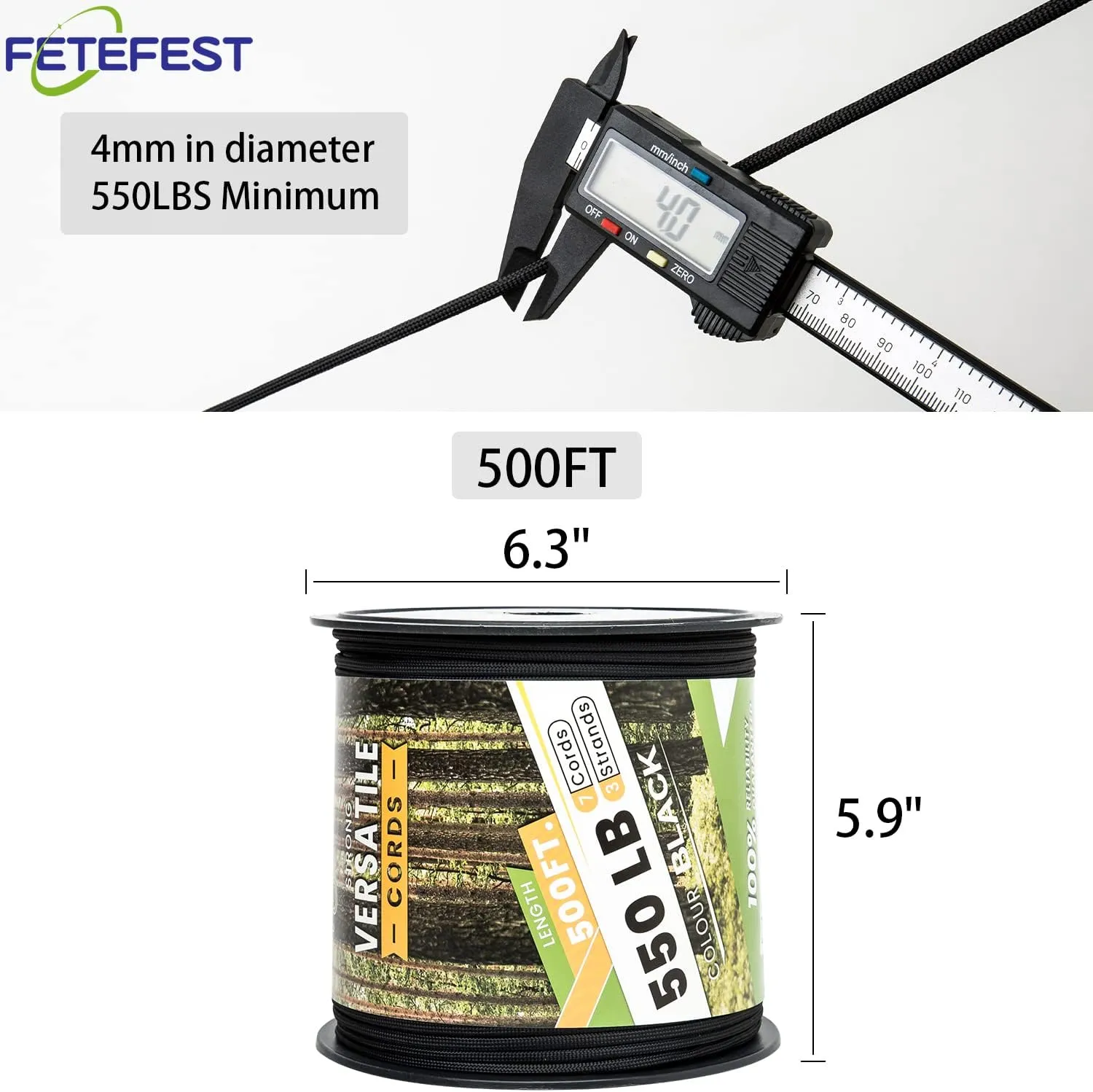 Paracord 550 on Spool Black, 500FT Bulk Mil-Spec, 100% Nylon Rope in Survival Gear and Equipment, Heavy Duty Rope for Bracelet, Leashes, Lanyards and Camping (Black, 500FT. Wound ON Spool)