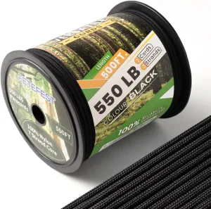 Paracord 550 on Spool Black, 500FT Bulk Mil-Spec, 100% Nylon Rope in Survival Gear and Equipment, Heavy Duty Rope for Bracelet, Leashes, Lanyards and Camping (Black, 500FT. Wound ON Spool)