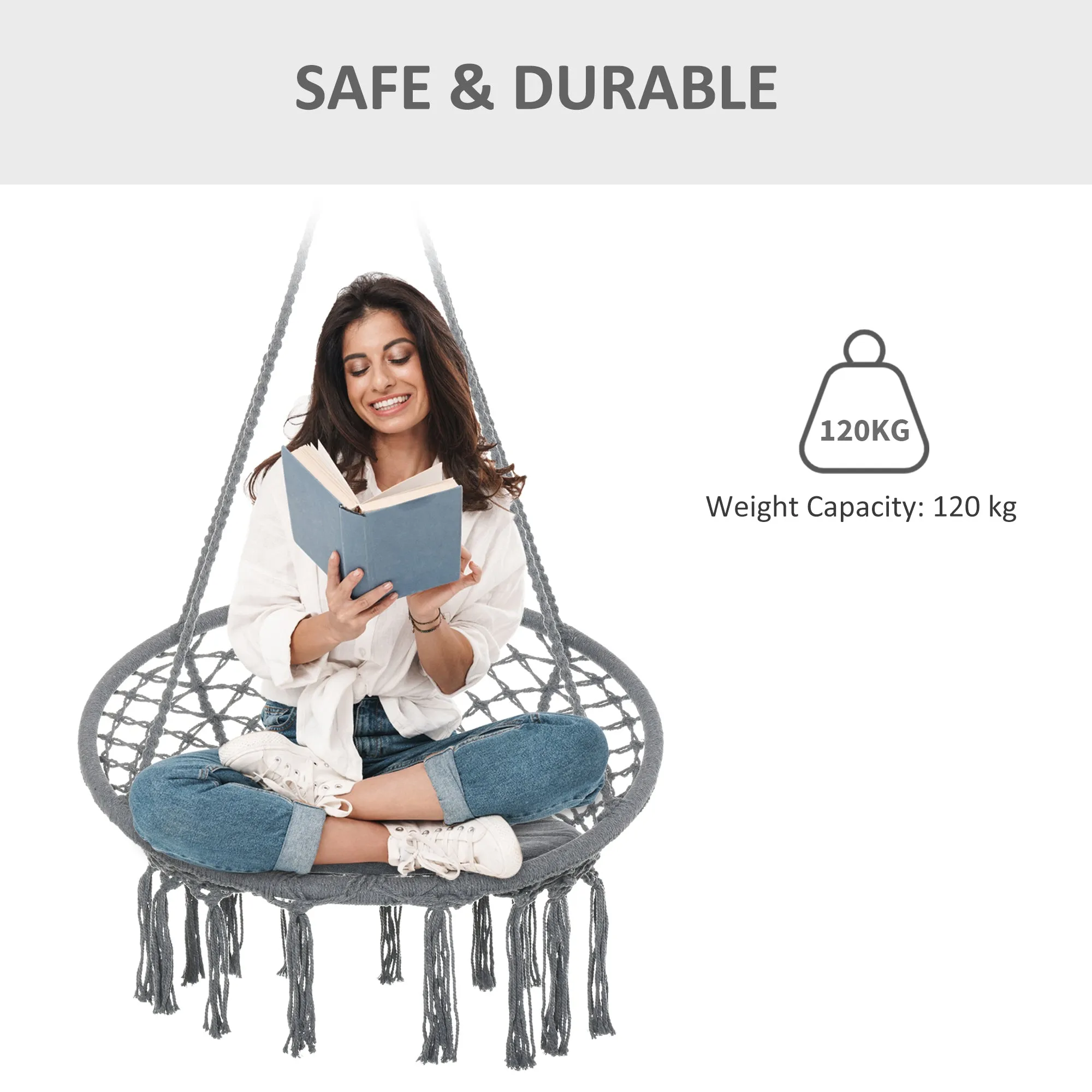 Patio Hammock Chair, Hanging Rope Hammock Swing for Indoor & Outdoor Use with Backrest, Cotton-Polyester Blend Dark Grey