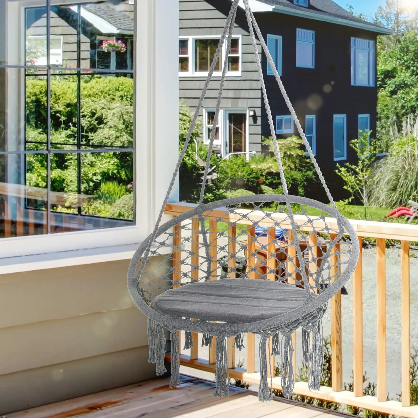 Patio Hammock Chair, Hanging Rope Hammock Swing for Indoor & Outdoor Use with Backrest, Cotton-Polyester Blend Dark Grey