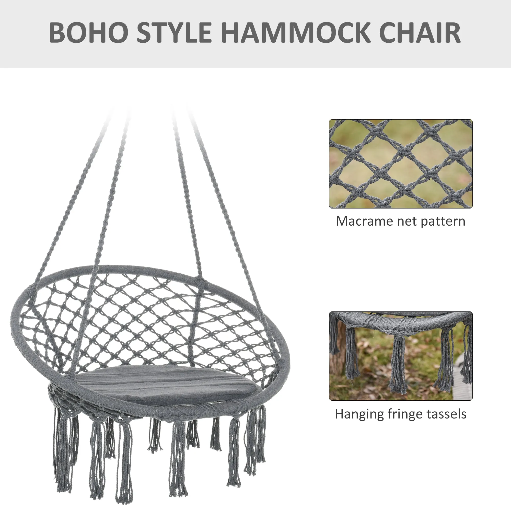 Patio Hammock Chair, Hanging Rope Hammock Swing for Indoor & Outdoor Use with Backrest, Cotton-Polyester Blend Dark Grey