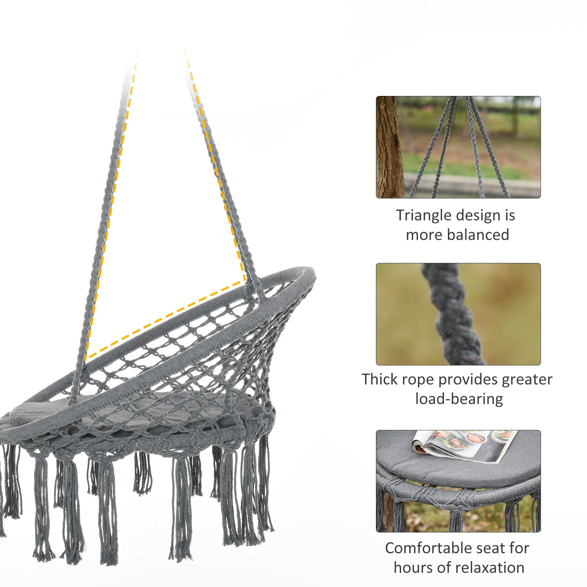 Patio Hammock Chair, Hanging Rope Hammock Swing for Indoor & Outdoor Use with Backrest, Cotton-Polyester Blend Dark Grey
