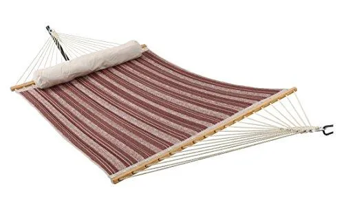 Patio Watcher 11 Feet Quilted Fabric Hammock with Pillow, Double Hammock with Bamboo Wood Spreader Bars, Perfect for Outdoor Patio Yard, Dark Blue