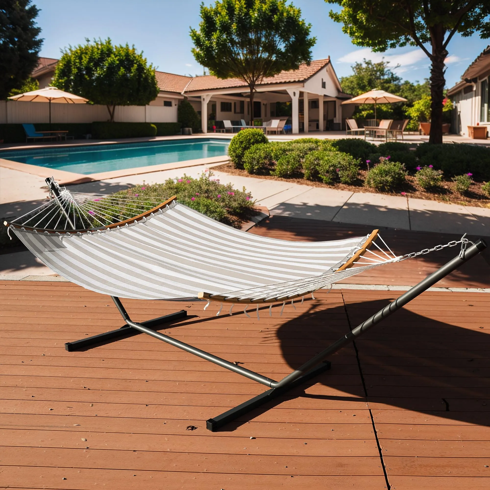 Patio Watcher 12 FT Double Quick Dry Hammock with Curved Bamboo Spreader Bar, Outdoor Patio Two Person Hammock with Portable Steel Stand,450 lbs Capacity, Beige White