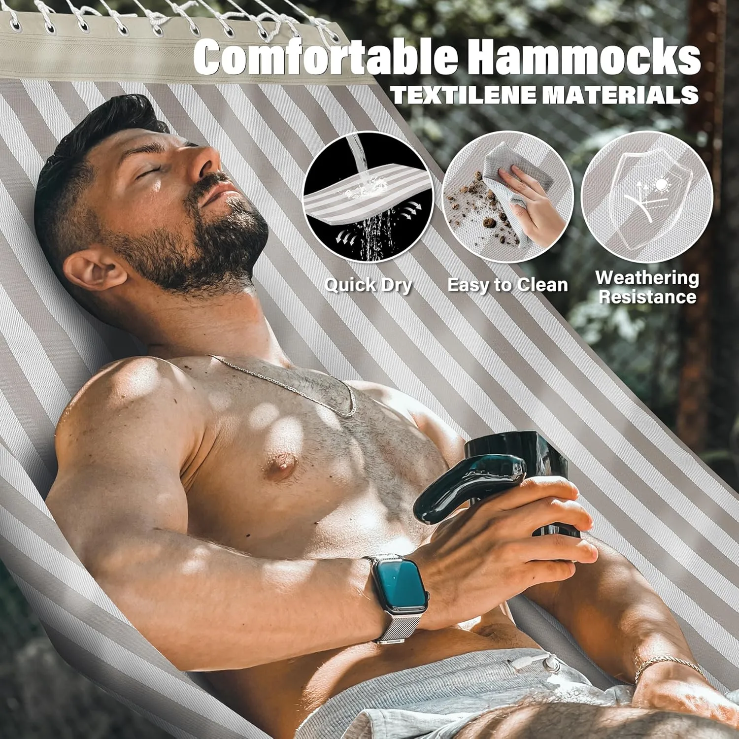 Patio Watcher 13 FT Quick Dry Textilene Hammock - Outdoor Double Hammock - Heavy Duty for Outside - 450 lbs Capacity - Beige White