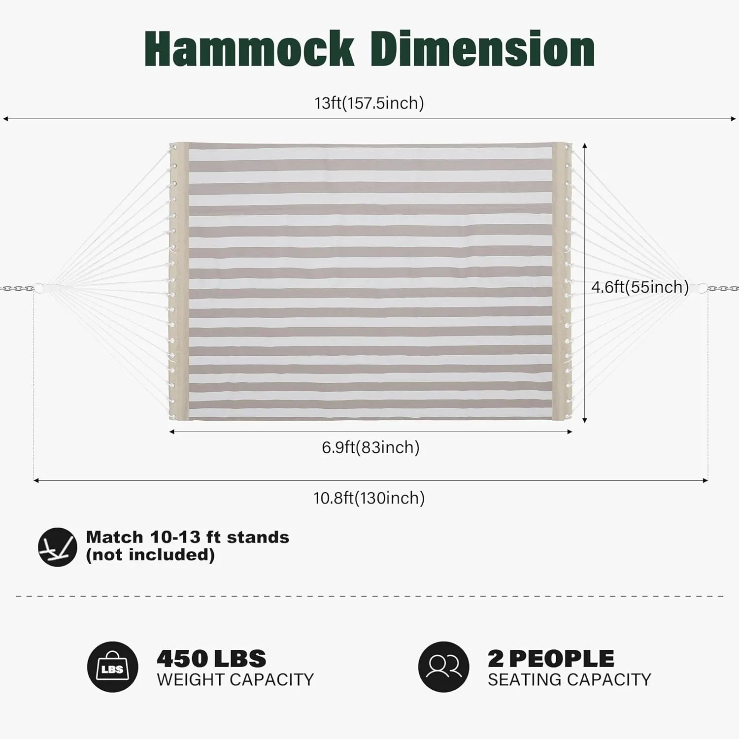 Patio Watcher 13 FT Quick Dry Textilene Hammock - Outdoor Double Hammock - Heavy Duty for Outside - 450 lbs Capacity - Beige White