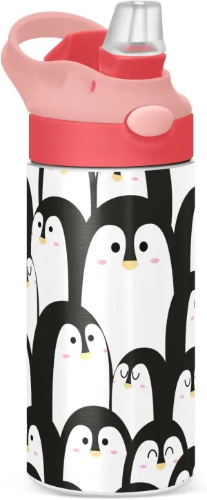 Penguin Black Kids Insulated Water Bottle, Toddlers Tumbler Travel Cup with Straw & Handle Stainless Steel Cup for Travel School Girls 12 oz