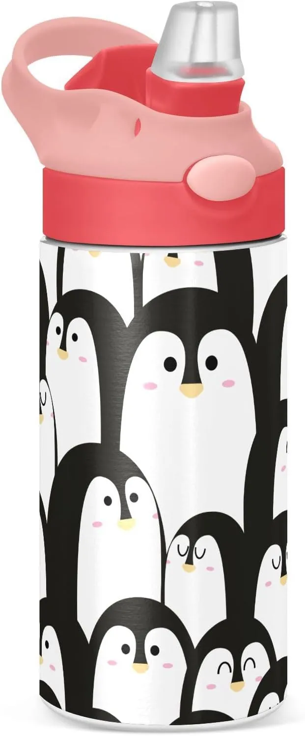 Penguin Black Kids Insulated Water Bottle, Toddlers Tumbler Travel Cup with Straw & Handle Stainless Steel Cup for Travel School Girls 12 oz