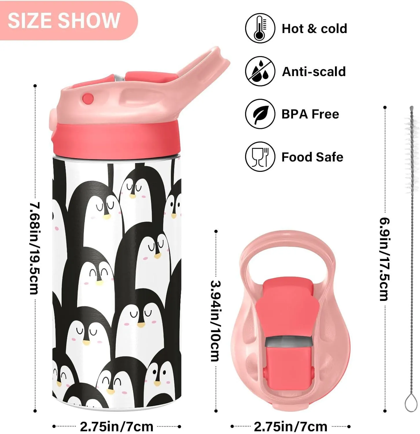 Penguin Black Kids Insulated Water Bottle, Toddlers Tumbler Travel Cup with Straw & Handle Stainless Steel Cup for Travel School Girls 12 oz