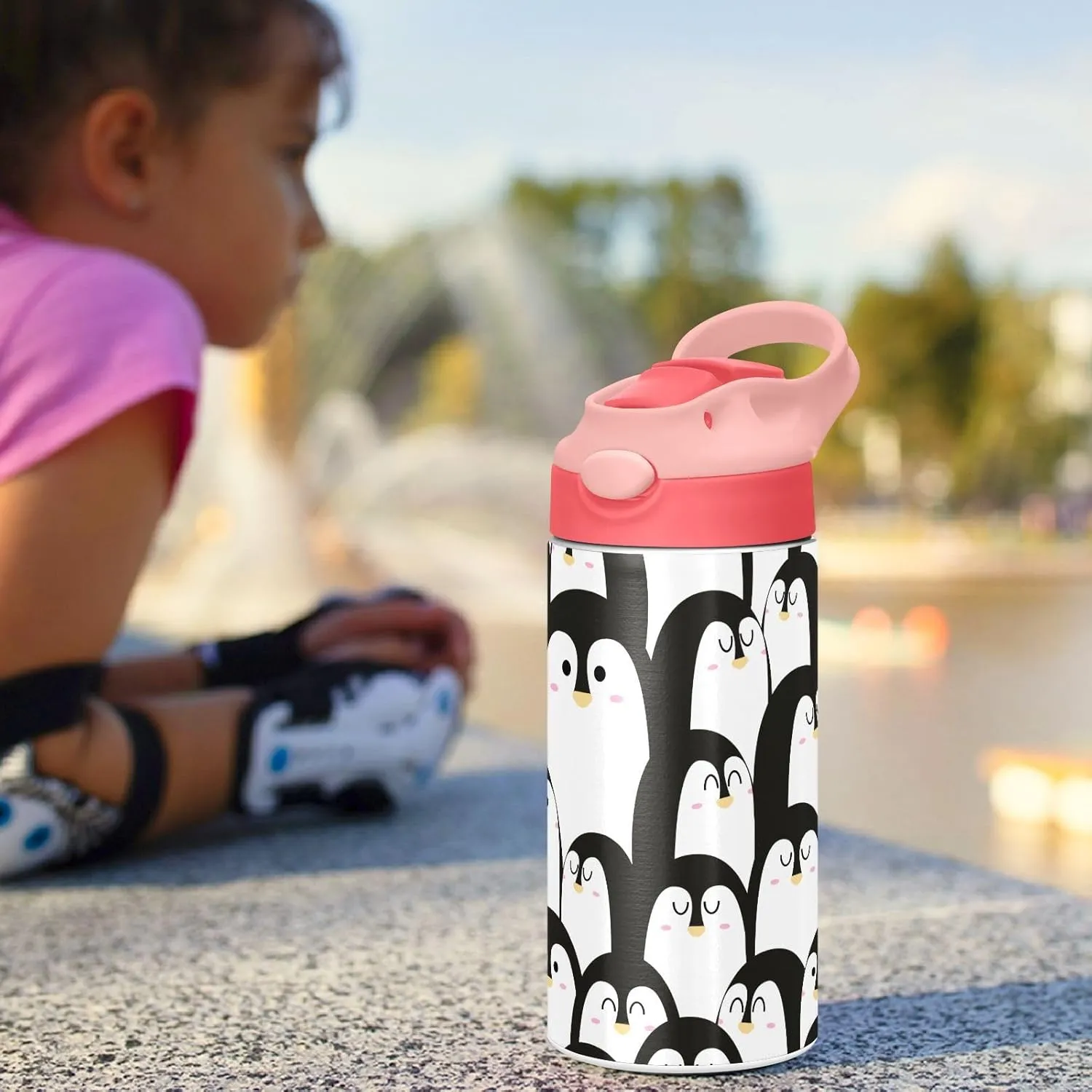 Penguin Black Kids Insulated Water Bottle, Toddlers Tumbler Travel Cup with Straw & Handle Stainless Steel Cup for Travel School Girls 12 oz