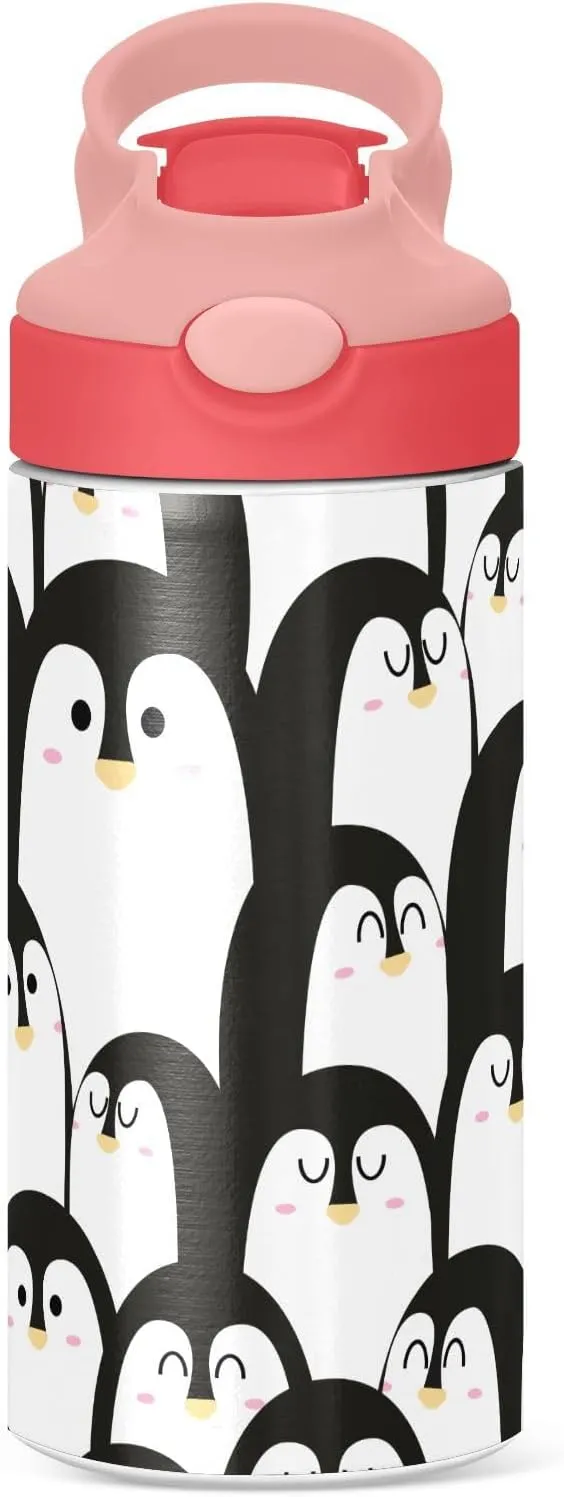 Penguin Black Kids Insulated Water Bottle, Toddlers Tumbler Travel Cup with Straw & Handle Stainless Steel Cup for Travel School Girls 12 oz
