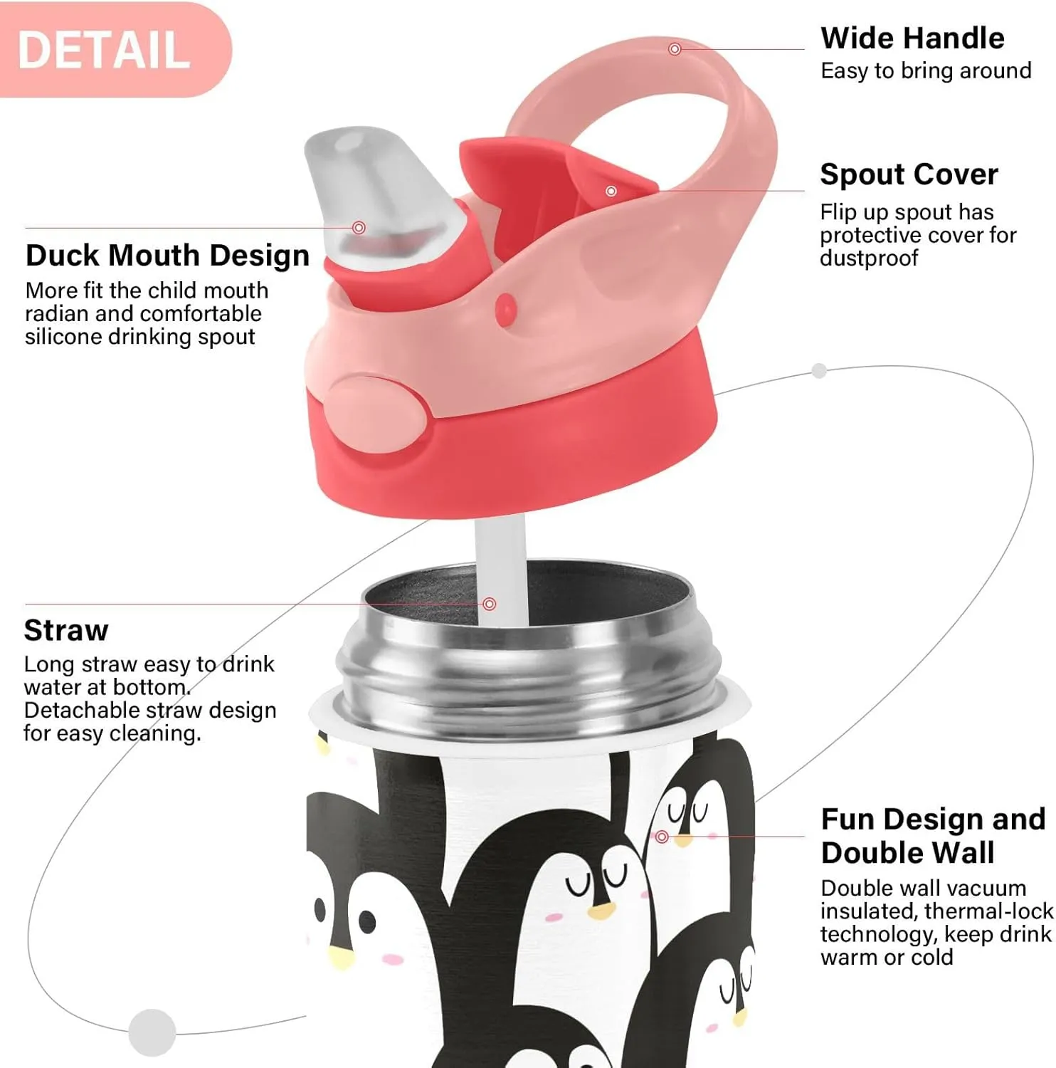 Penguin Black Kids Insulated Water Bottle, Toddlers Tumbler Travel Cup with Straw & Handle Stainless Steel Cup for Travel School Girls 12 oz
