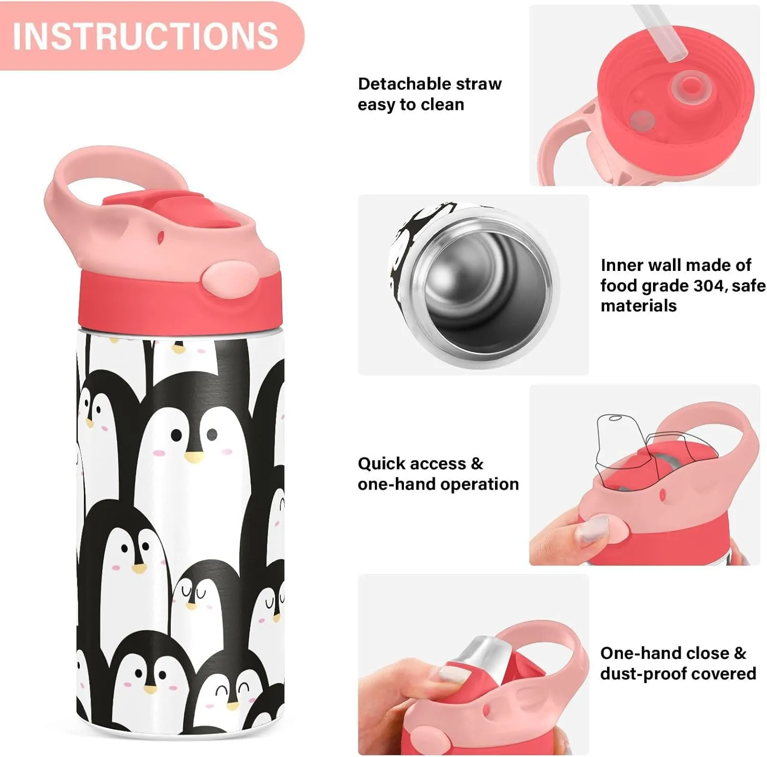 Penguin Black Kids Insulated Water Bottle, Toddlers Tumbler Travel Cup with Straw & Handle Stainless Steel Cup for Travel School Girls 12 oz