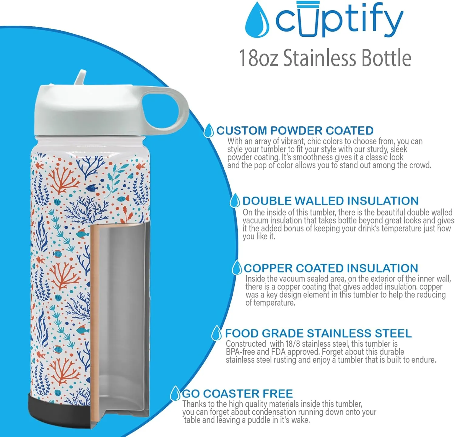 Personalized Children Water Bottle with Lid and Protective Silicone Boot Custom Coral Reef 18 oz Modern Insulated Stainless Steel for Boys and Girls
