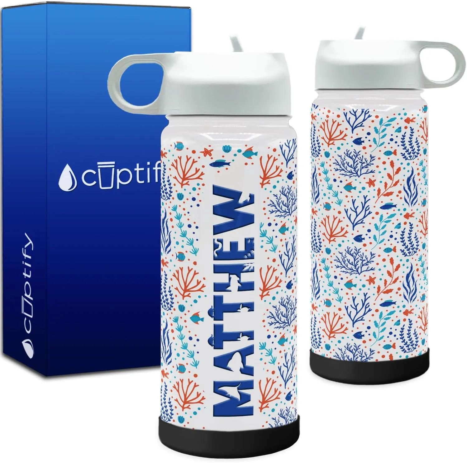 Personalized Children Water Bottle with Lid and Protective Silicone Boot Custom Coral Reef 18 oz Modern Insulated Stainless Steel for Boys and Girls