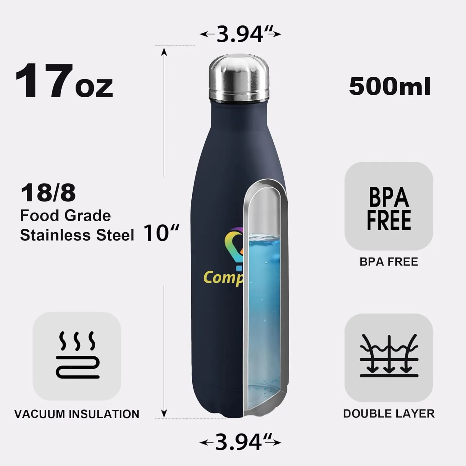 Personalized Custom Water Bottle Print in USA 17oz Stainless Steel Double Wall Leakproof Cups With Colorful Text Logo for Sports Outdoors