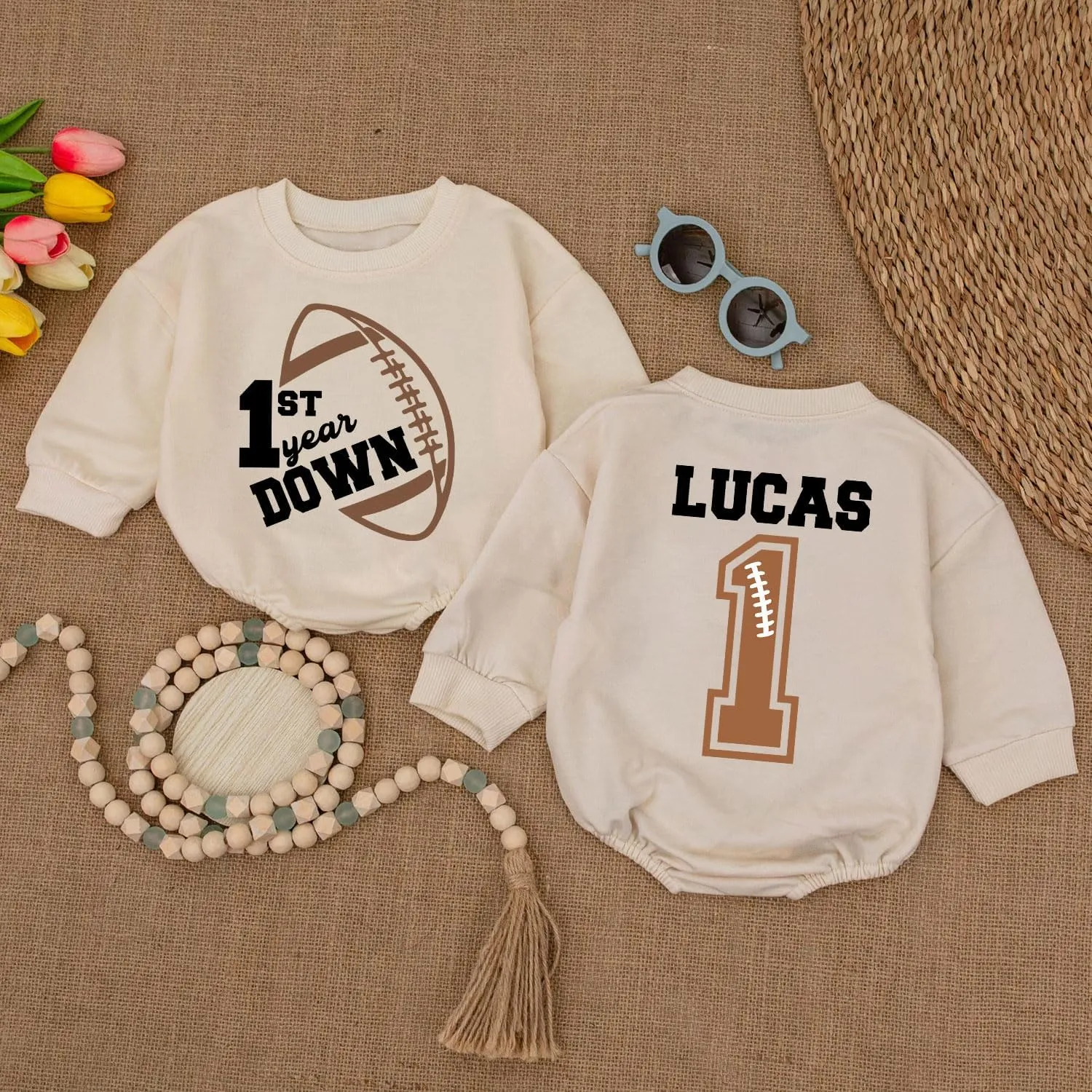 Personalized One Year Down Football Sweater Romper, First Birthday Outfit Boy