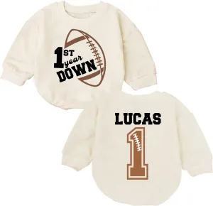 Personalized One Year Down Football Sweater Romper, First Birthday Outfit Boy
