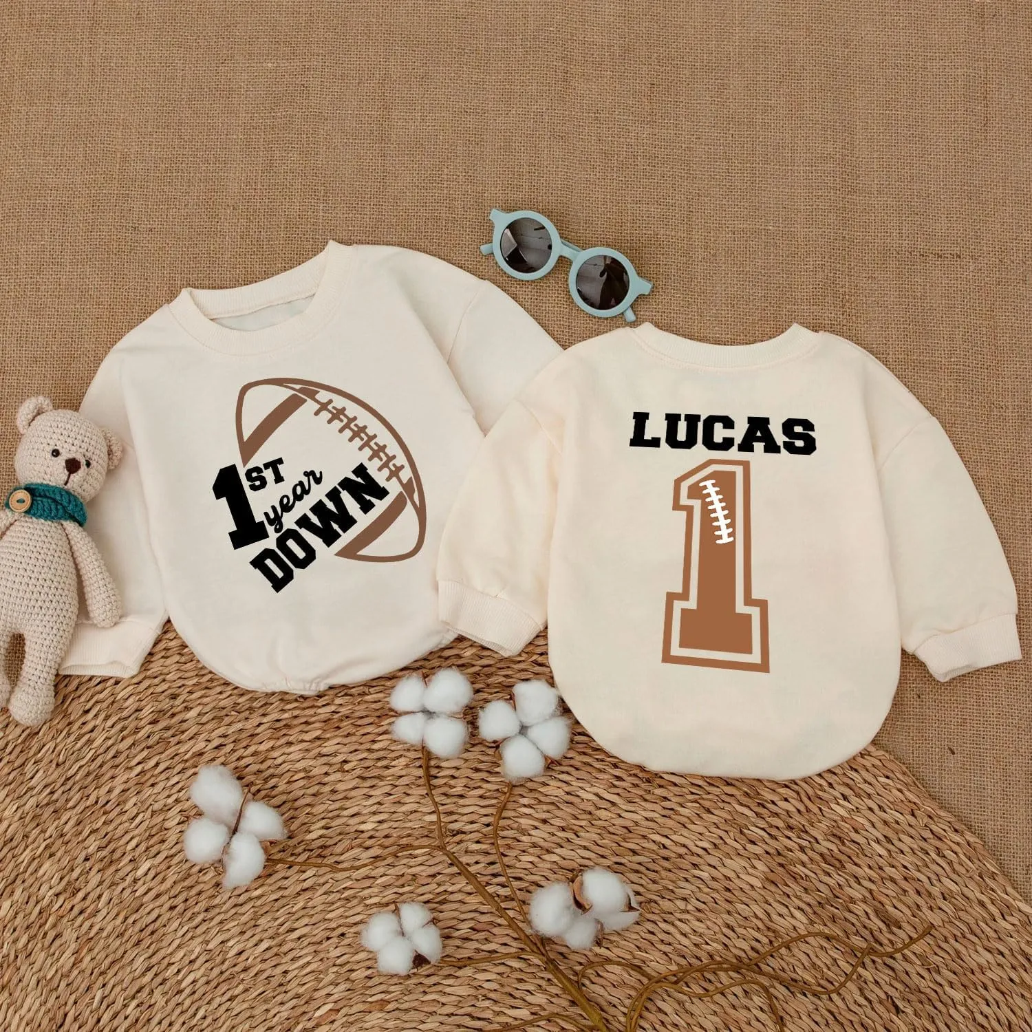 Personalized One Year Down Football Sweater Romper, First Birthday Outfit Boy