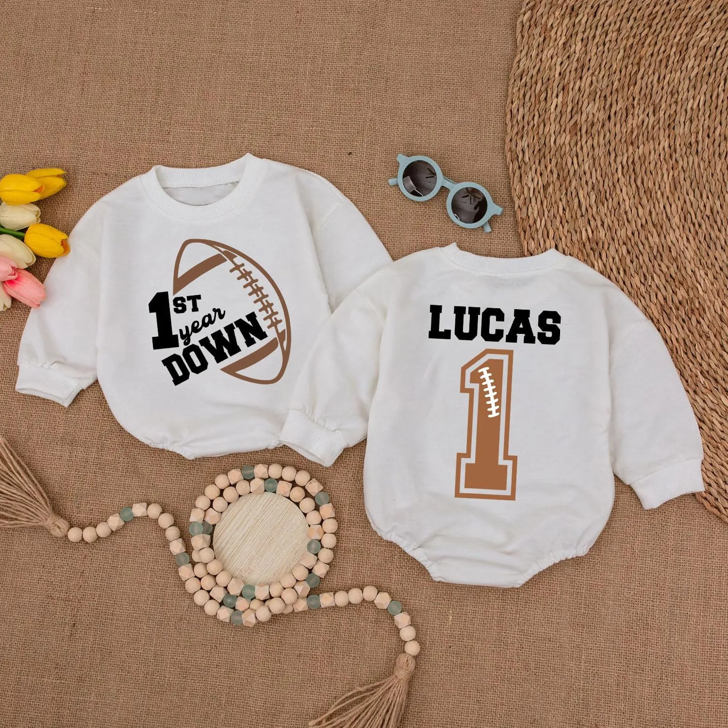 Personalized One Year Down Football Sweater Romper, First Birthday Outfit Boy