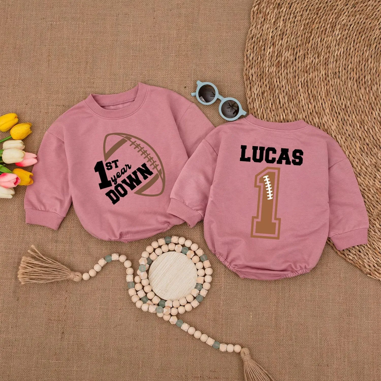 Personalized One Year Down Football Sweater Romper, First Birthday Outfit Boy