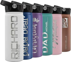 Personalized Water Bottle w Straw Lid & Handle | 18 oz - White, 12 Design Option | Custom Engraved Insulated Sports Water Bottle w Name, Text | BPA Free | Personalized Gifts