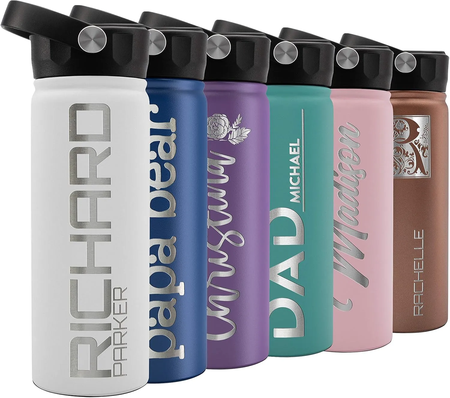 Personalized Water Bottle w Straw Lid & Handle | 18 oz - White, 12 Design Option | Custom Engraved Insulated Sports Water Bottle w Name, Text | BPA Free | Personalized Gifts