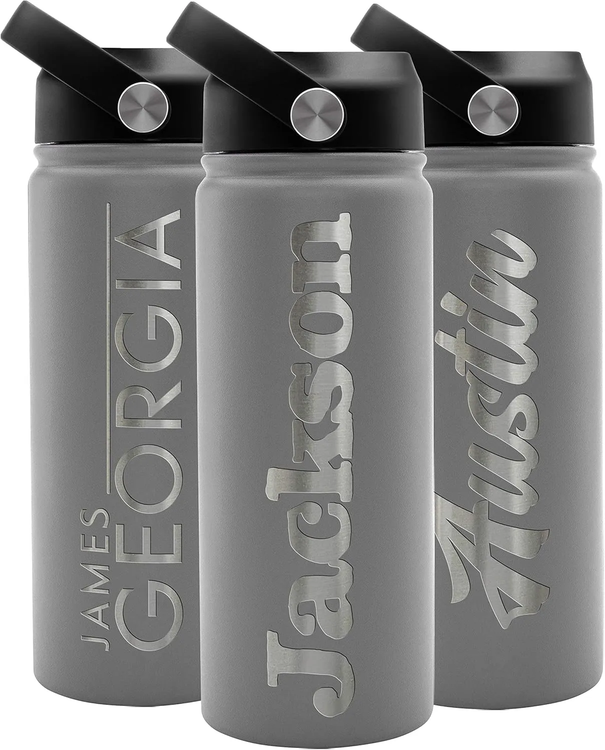 Personalized Water Bottle w Straw Lid Double Wall Insulated | 18 oz - 12 Font - Gray | 9 Color Custom Water Bottle w Name and Text, BPA Free - Non Sweat - Vacuum Insulated