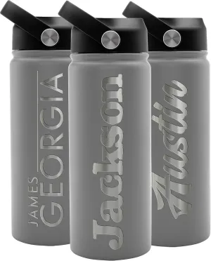 Personalized Water Bottle w Straw Lid Double Wall Insulated | 18 oz - 12 Font - Gray | 9 Color Custom Water Bottle w Name and Text, BPA Free - Non Sweat - Vacuum Insulated