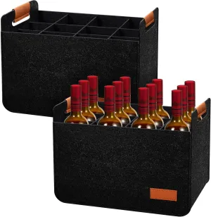 Peryiter 2 Pcs 12 Bottles Wine Carrier Tote 14.6 x 12.6 x 10.6 Inch Insulated Thermal Padded Wine Tote Bag Reusable Glasses Liquor Bottle Storage Collapsible Ratafia Travel Case for Party (Black)