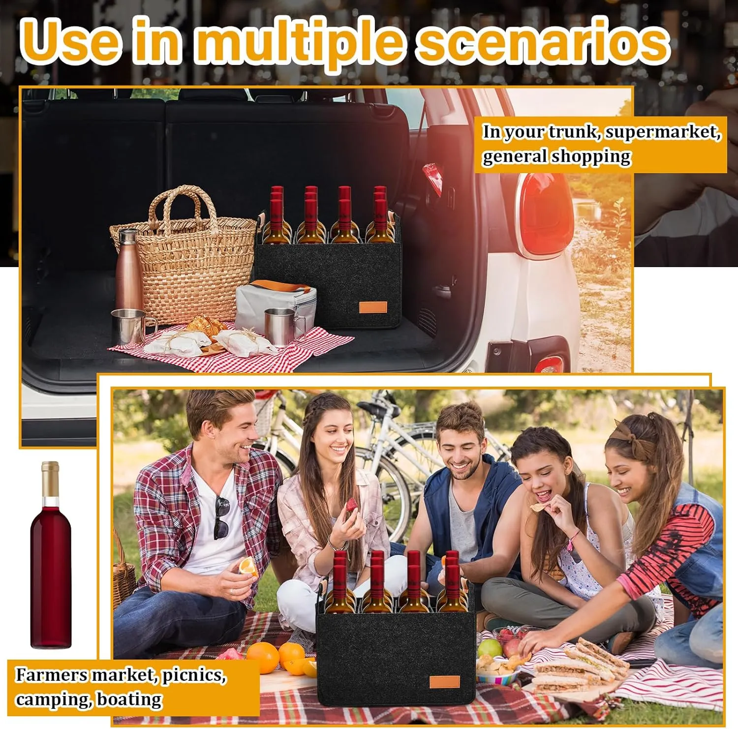 Peryiter 2 Pcs 12 Bottles Wine Carrier Tote 14.6 x 12.6 x 10.6 Inch Insulated Thermal Padded Wine Tote Bag Reusable Glasses Liquor Bottle Storage Collapsible Ratafia Travel Case for Party (Black)