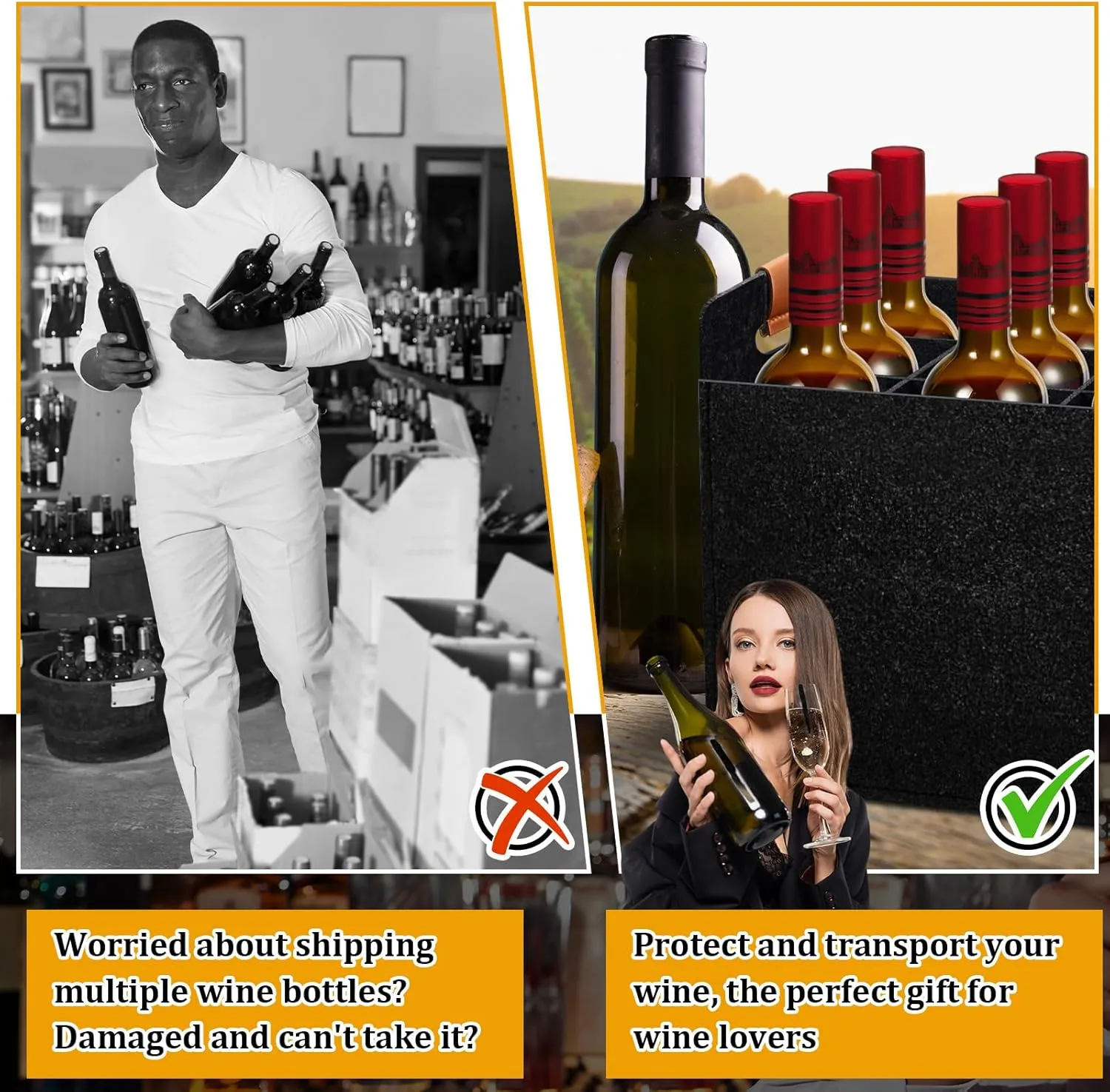 Peryiter 2 Pcs 12 Bottles Wine Carrier Tote 14.6 x 12.6 x 10.6 Inch Insulated Thermal Padded Wine Tote Bag Reusable Glasses Liquor Bottle Storage Collapsible Ratafia Travel Case for Party (Black)