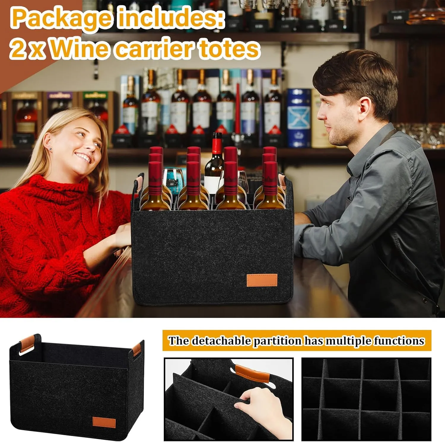 Peryiter 2 Pcs 12 Bottles Wine Carrier Tote 14.6 x 12.6 x 10.6 Inch Insulated Thermal Padded Wine Tote Bag Reusable Glasses Liquor Bottle Storage Collapsible Ratafia Travel Case for Party (Black)