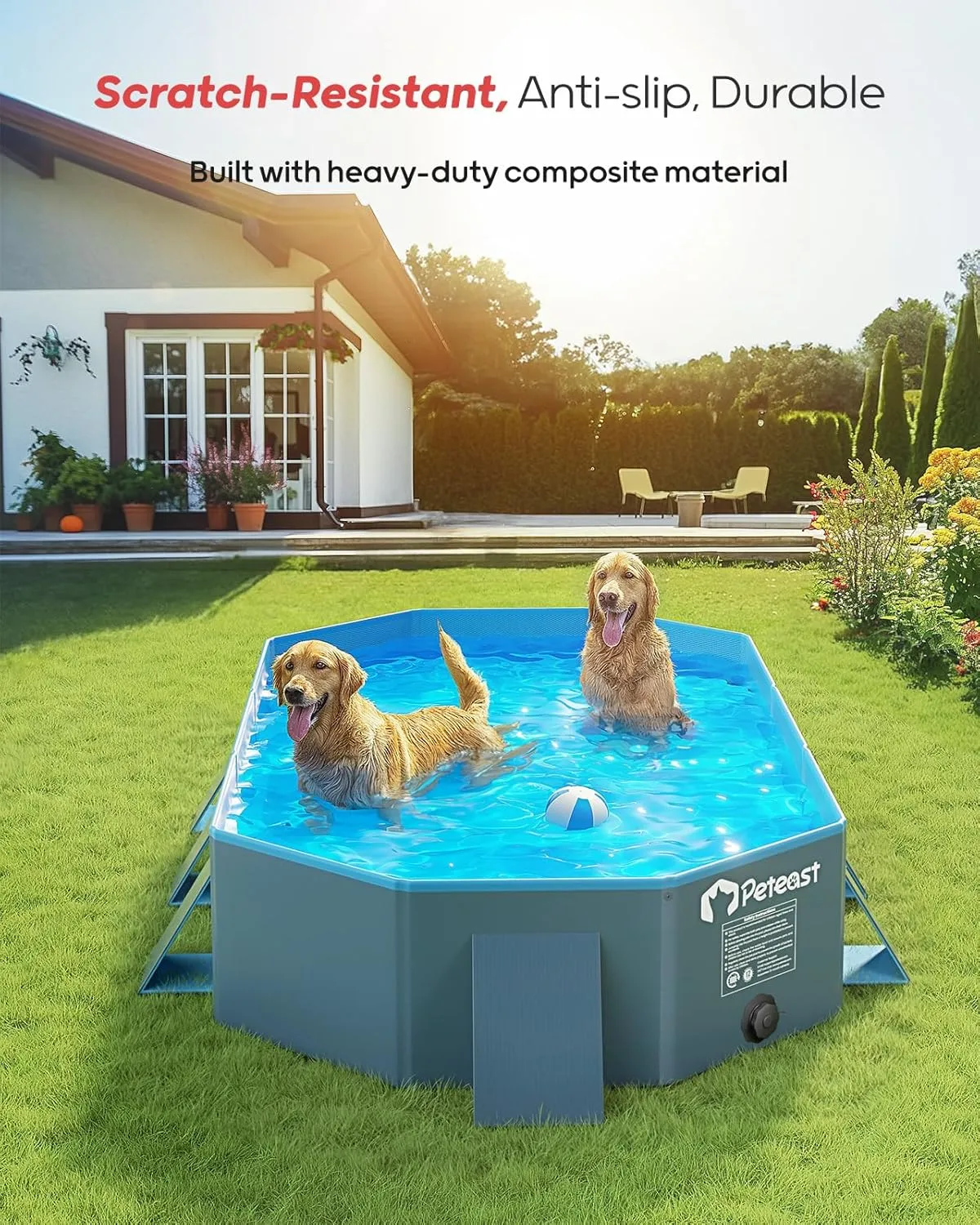 Peteast Foldable Dog Pool with Sturdy Square Design, Durable 82" Lx46 Wx12 D Extra Large Portable Pet Bathtub with Reinforced Sidewalls for Stability, Ideal for Indoor & Outdoor Use (Blue&Dark Gray)