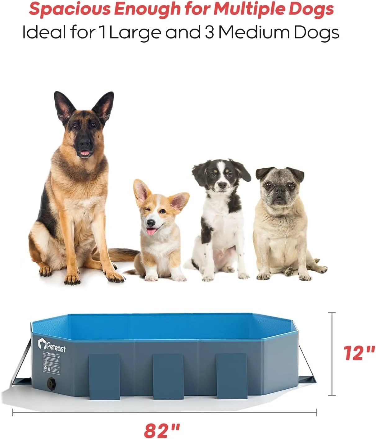 Peteast Foldable Dog Pool with Sturdy Square Design, Durable 82" Lx46 Wx12 D Extra Large Portable Pet Bathtub with Reinforced Sidewalls for Stability, Ideal for Indoor & Outdoor Use (Blue&Dark Gray)